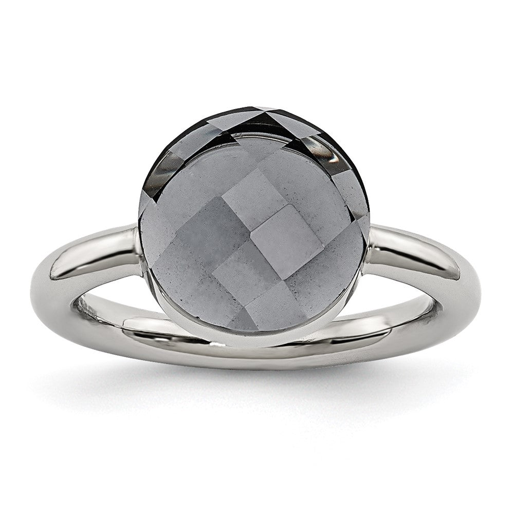 Stainless Steel Polished Grey Glass Ring, Size 5
