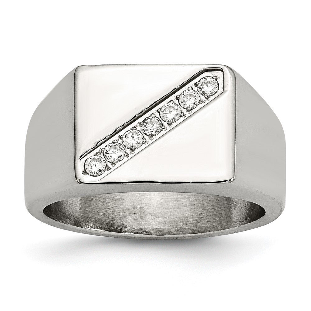 Stainless Steel Polished w/CZ Signet Ring, Size 9, 11.9 mm
