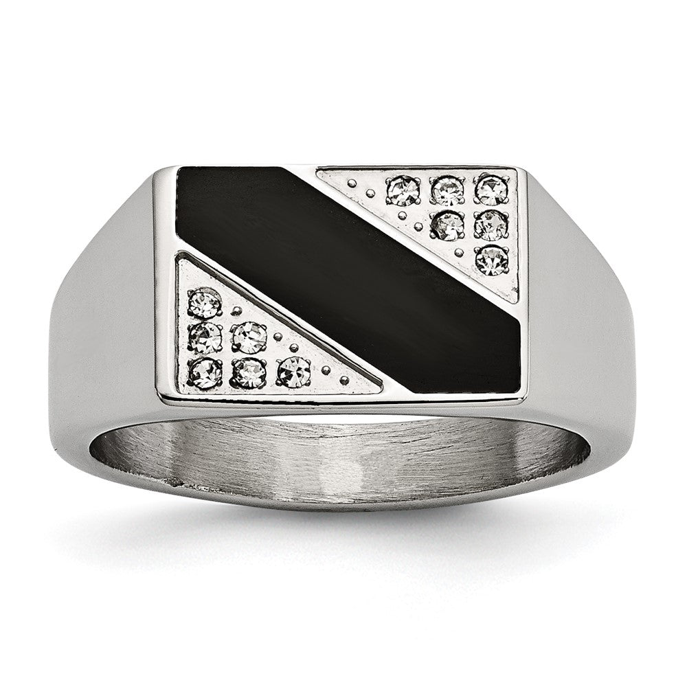 Chisel Stainless Steel Polished Black Enameled CZ Signet Ring, Size 11, 10.6 mm