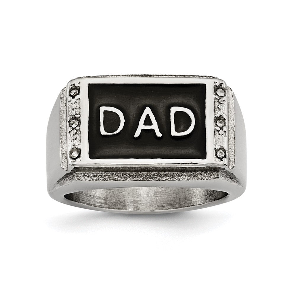 Stainless Steel Polished Black Enameled DAD w/CZ Ring, Size 9, 14.65 mm