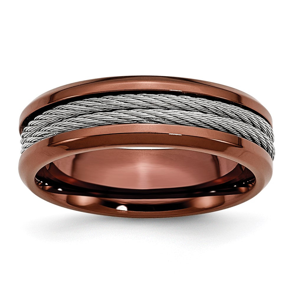 Stainless Steel Ridged Edge Brown IP-plated w/Cable 7mm Band, 7 mm