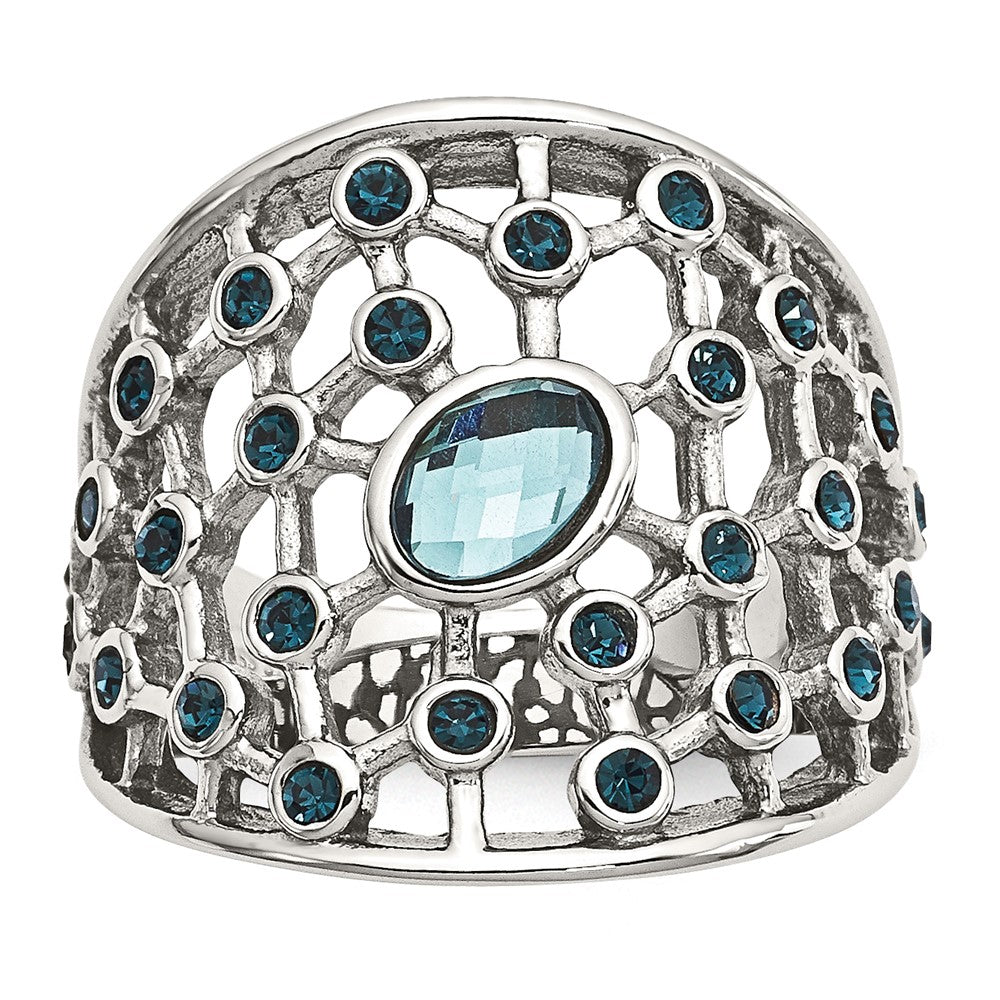 Stainless Steel Polished Blue Glass and Preciosa Crystal Ring, Size 6