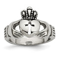 Stainless Steel Polished Antiqued Claddagh with Cross Ring, Size 5