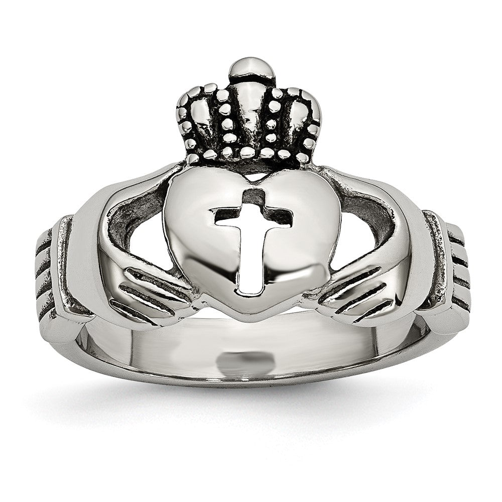 Stainless Steel Polished Antiqued Claddagh with Cross Ring, Size 5