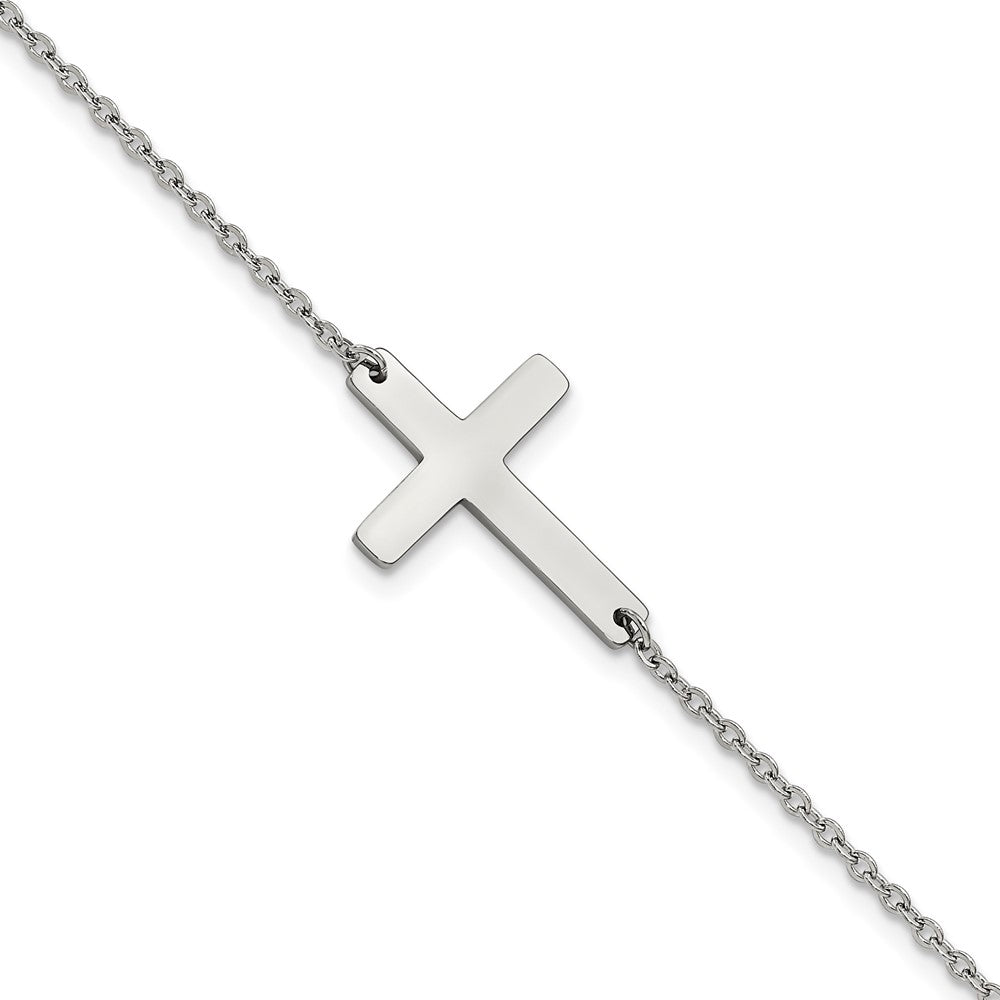 Chisel Stainless Steel Polished Sideways Cross 10 inch Anklet, 10 x 19 mm