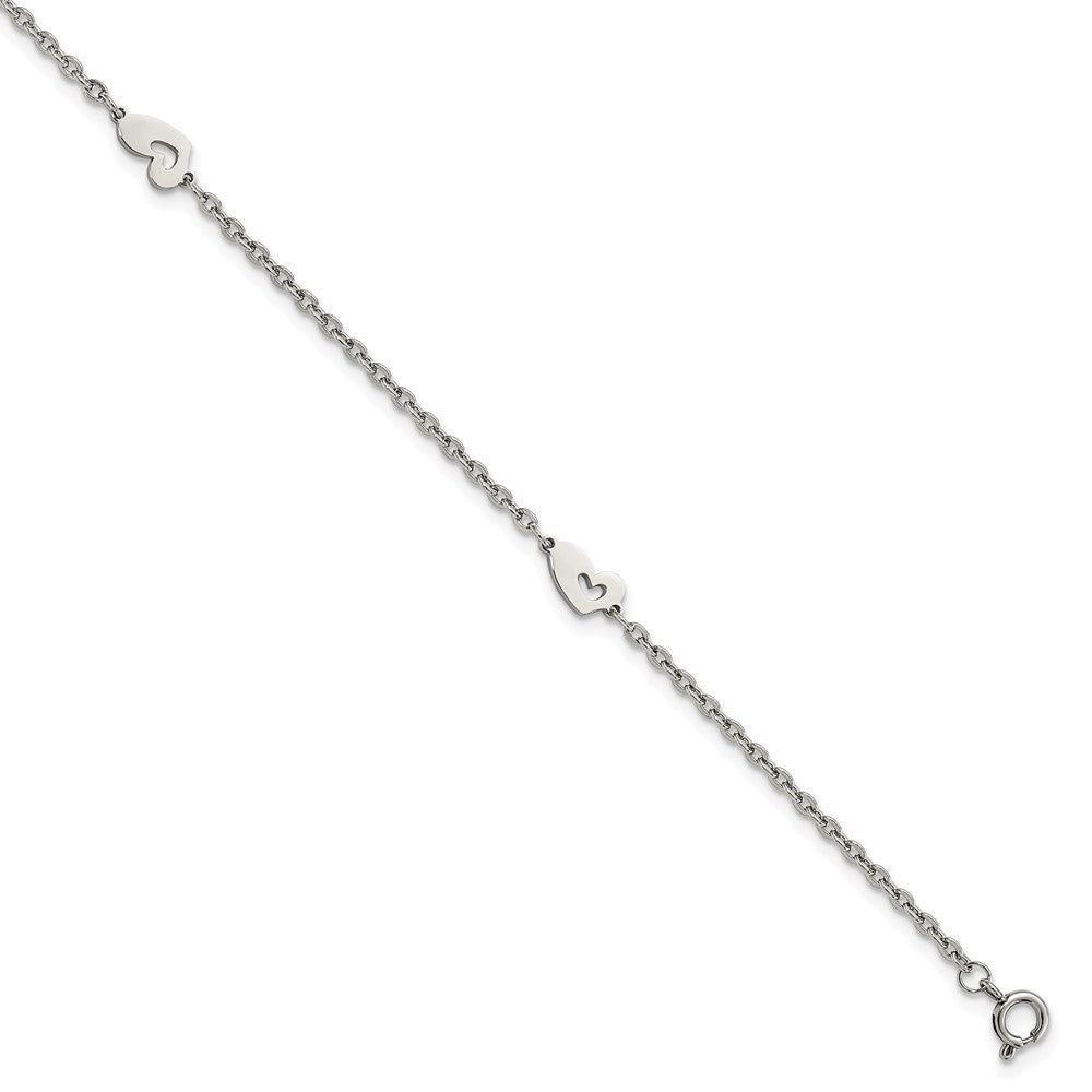 Chisel Stainless Steel Polished Hearts 9 inch Anklet Plus 1 inch Extension, 9 x 6 mm