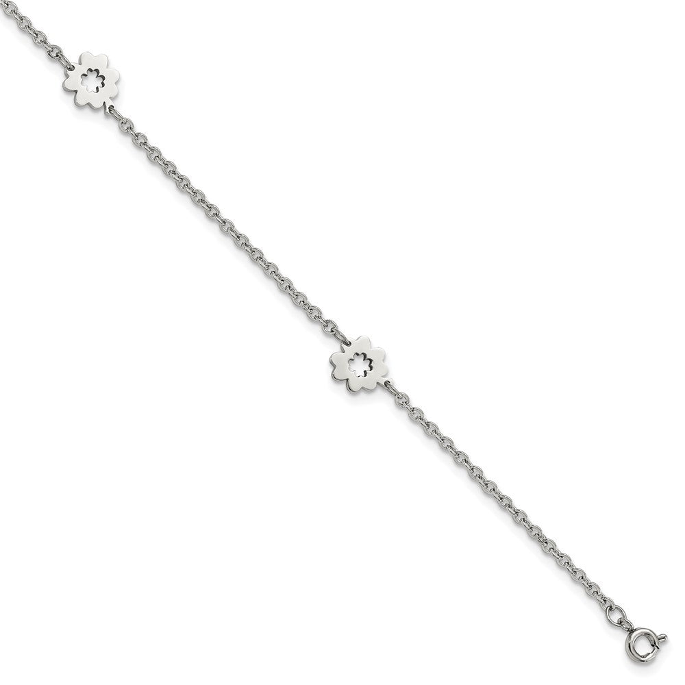Chisel Stainless Steel Polished Flowers 9 inch Anklet Plus 1 inch Extension, 9 x 9 mm