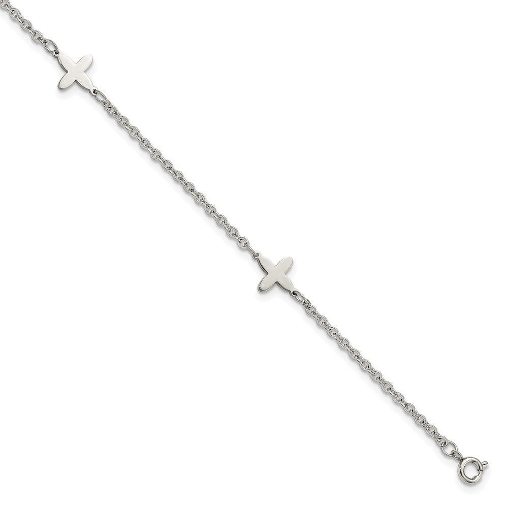 Chisel Stainless Steel Polished Cross Charms 9 inch Anklet Plus 1 inch Extension, 9 x 9.5 mm