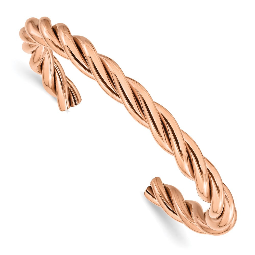 Stainless Steel Polished Rose IP-plated Twisted Cuff Bangle, 8 mm