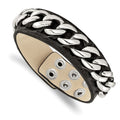 Stainless Steel Black Leather w/Chain 8.5in Bracelet, 8.5 x 22 mm