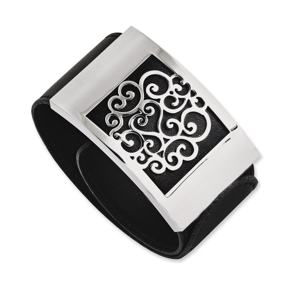 Stainless Steel Black Leatherette w/Polished Scroll Wrap Bracelet, 10 mm