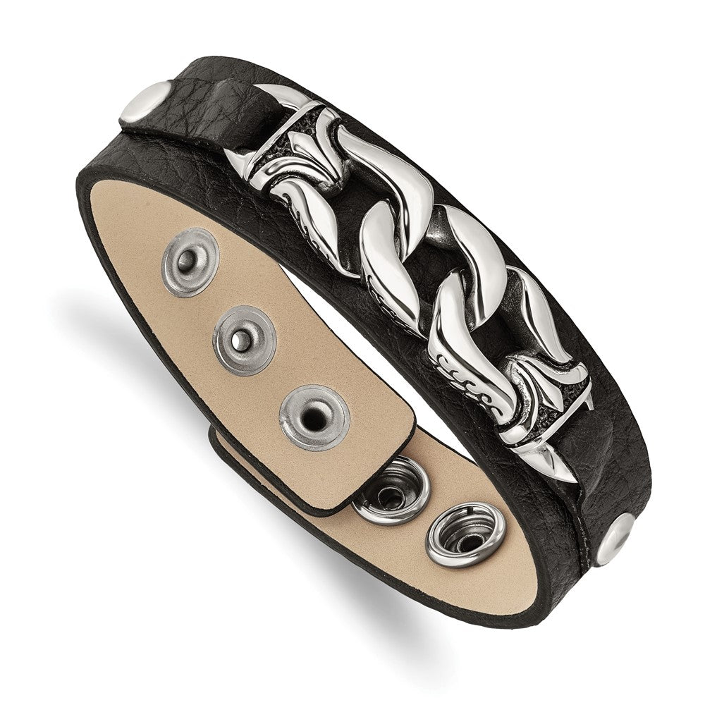Stainless Steel Black Leather w/Antiqued Chain 8.5in Bracelet, 8.5 x 21 mm