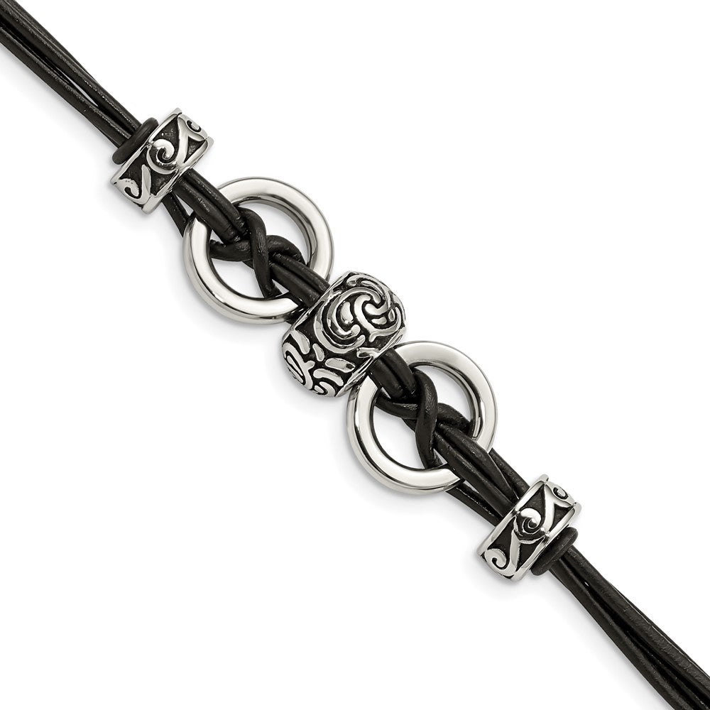 Stainless Steel Antiqued and Polished Leather 8.25in w/1in ext Bracelet, 8.25 x 4 mm