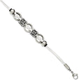 Stainless Steel White Leather w/Antiqued Beads 8.25in w/ext Bracelet, 8.25 x 4 mm