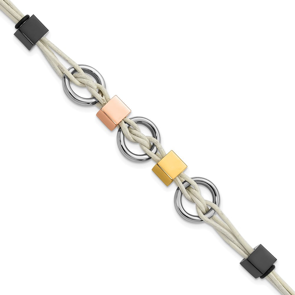 Stainless Steel Multi IP-Plated Beads & White Leather w/.75in ext Bracelet, 9 x 15.75 mm