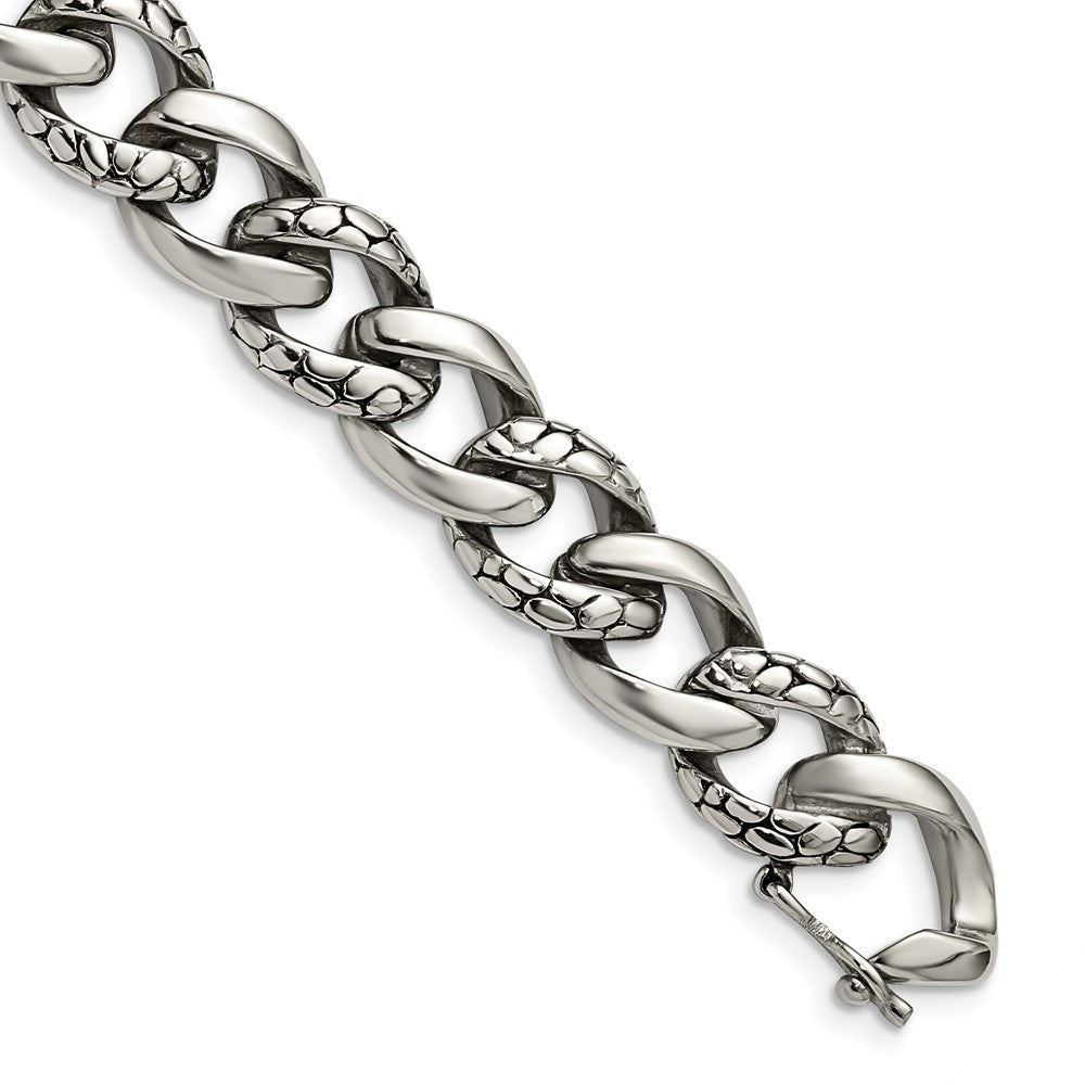 Chisel Stainless Steel Antiqued Polished and Reptile Scale Textured 8.5 inch Link Bracelet, 8.5 mm