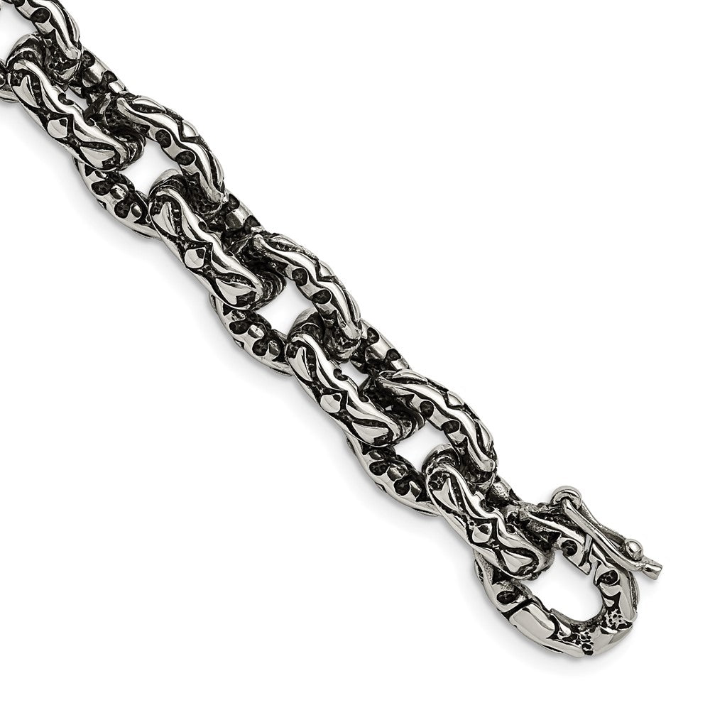 Chisel Stainless Steel Antiqued Polished and Textured 8.25 inch Fancy Link Bracelet, 8.25 mm