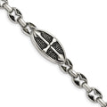 Stainless Steel Antiqued Textured and Polished Cross 9in Toggle Bracelet, 9 x 7 mm