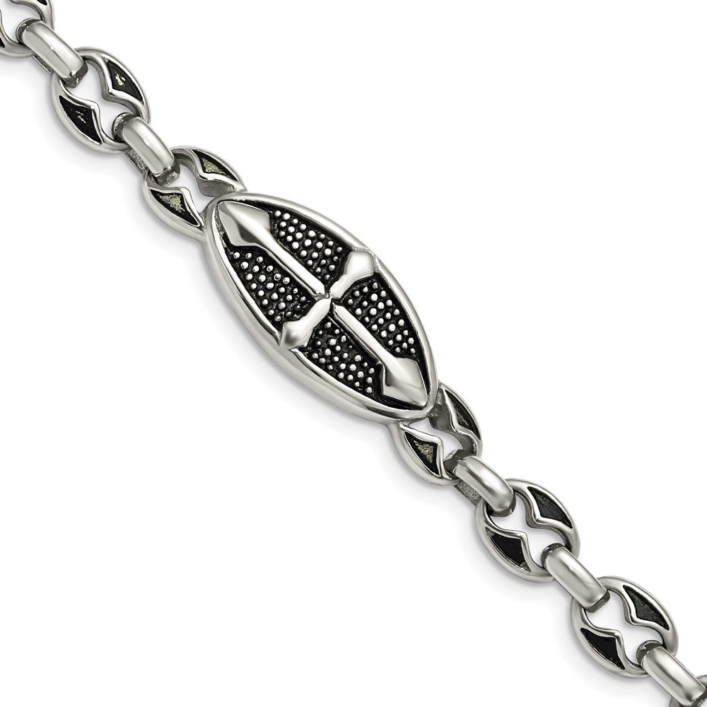 Stainless Steel Antiqued Textured and Polished Cross 9in Toggle Bracelet, 9 x 7 mm