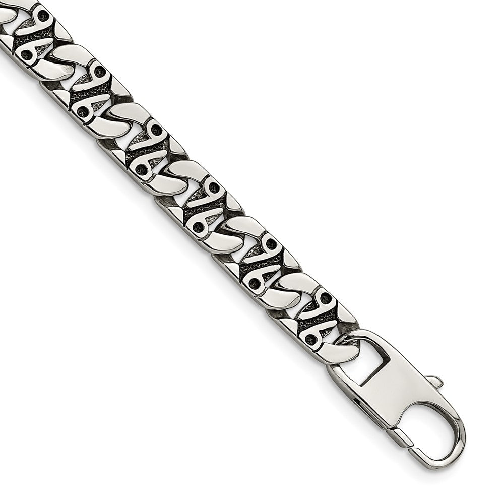 Chisel Stainless Steel Antiqued Polished and Textured 8.75 inch Fancy Link Bracelet, 8.75 x 9 mm