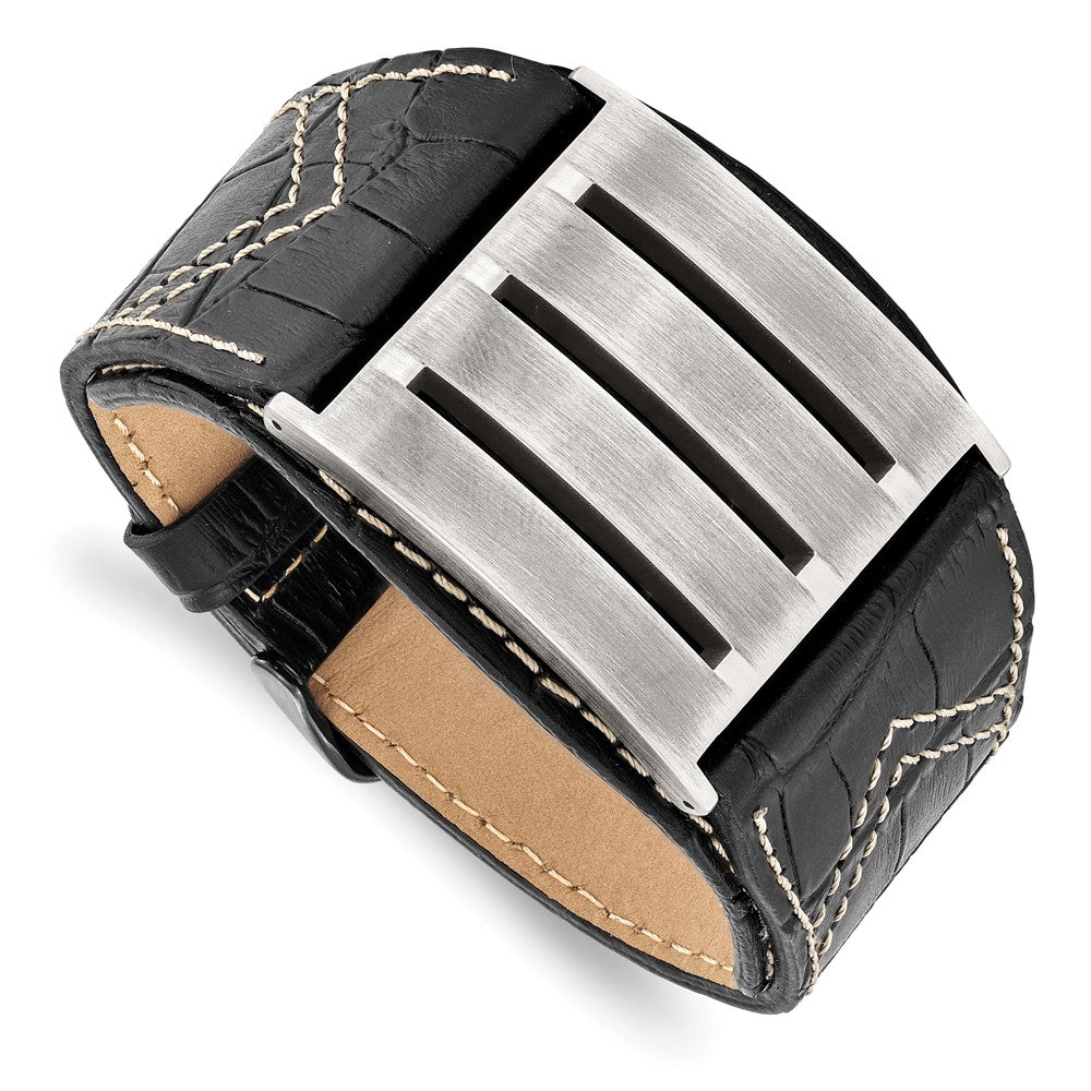 Stainless Steel Brushed Black Leather Adjustable Buckle 9in Bracelet, 9 mm