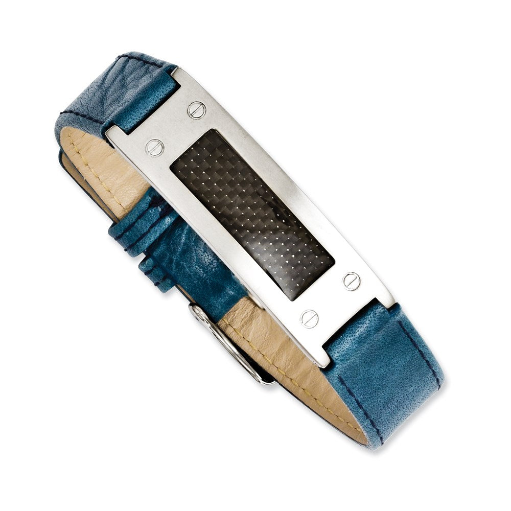 Stainless Steel Textured Blue Leather w/Carbon Fiber Inlay Buckle Bracelet, 8 x 14 mm