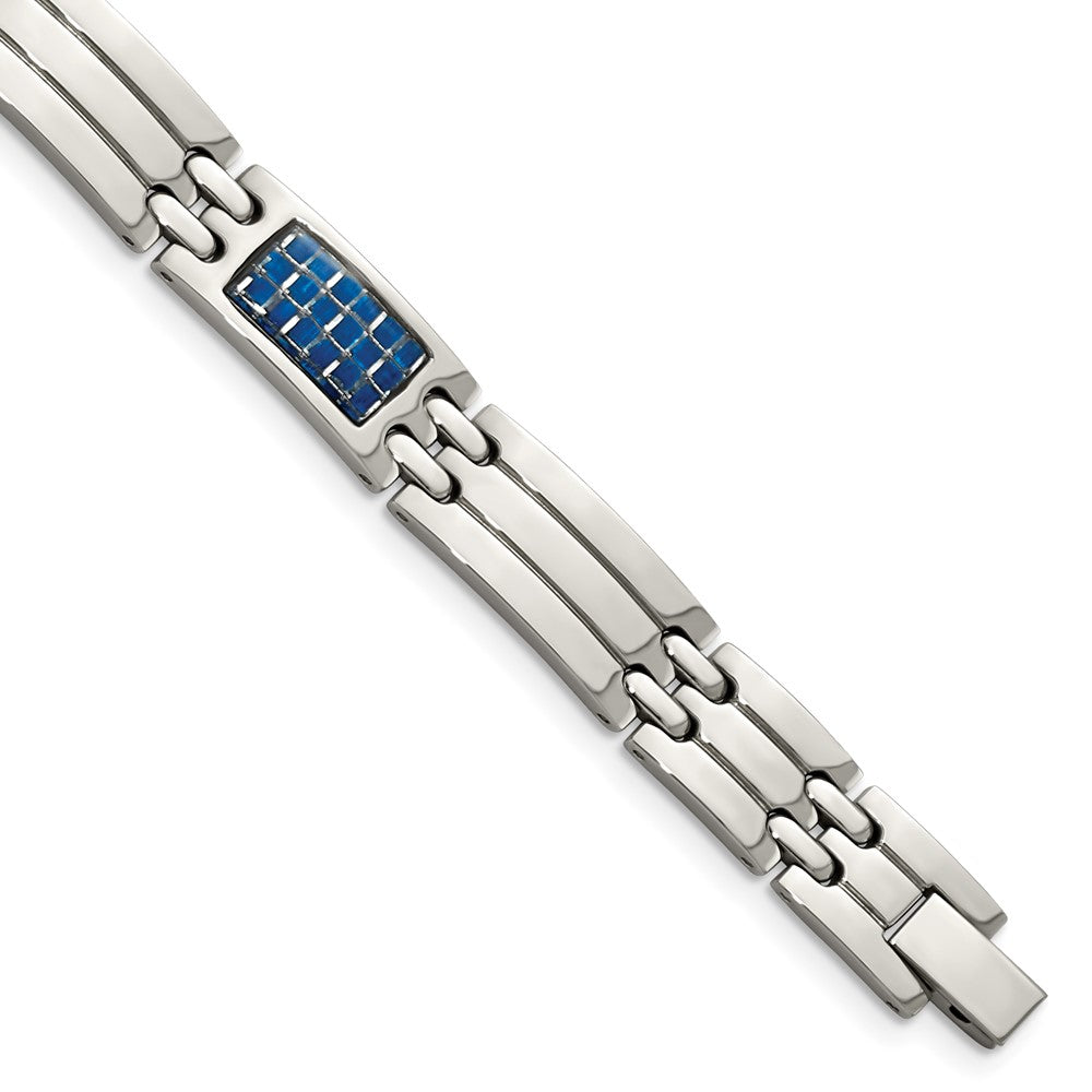 Chisel Stainless Steel Polished with Blue Carbon Fiber Inlay 8.5 inch Link Bracelet, 8.5 x 10 mm