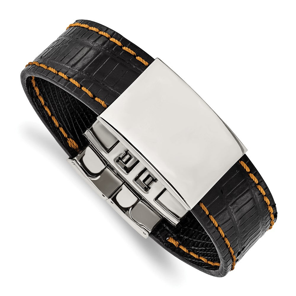 Stainless Steel Polished Black Leather/Orange Stitch 8.5in ID Bracelet, 8.5 x 25 mm