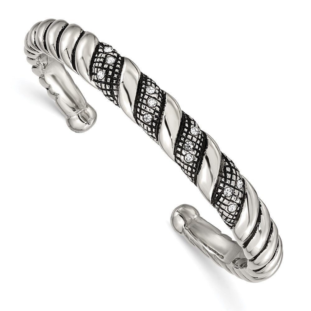 Stainless Steel Polished and Antiqued w/Crystal Cuff Bangle, 10 mm
