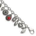 Stainless Steel Polished & Antiqued Synthetic Jade & Red Glass w/ 2in ext. Charm Bracelet, 9 mm