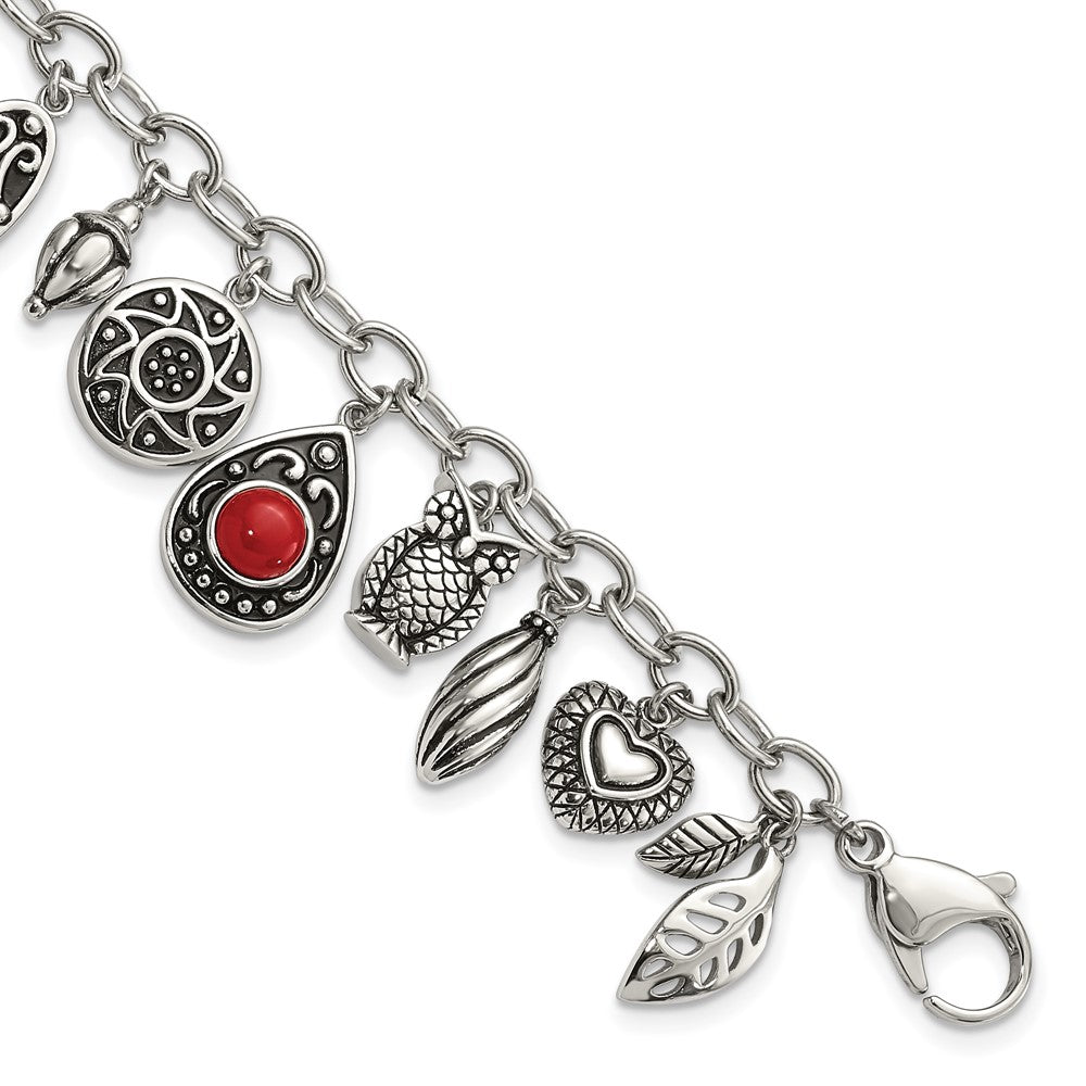 Stainless Steel Polished & Antiqued Synthetic Jade & Red Glass w/ 2in ext. Charm Bracelet, 9 mm