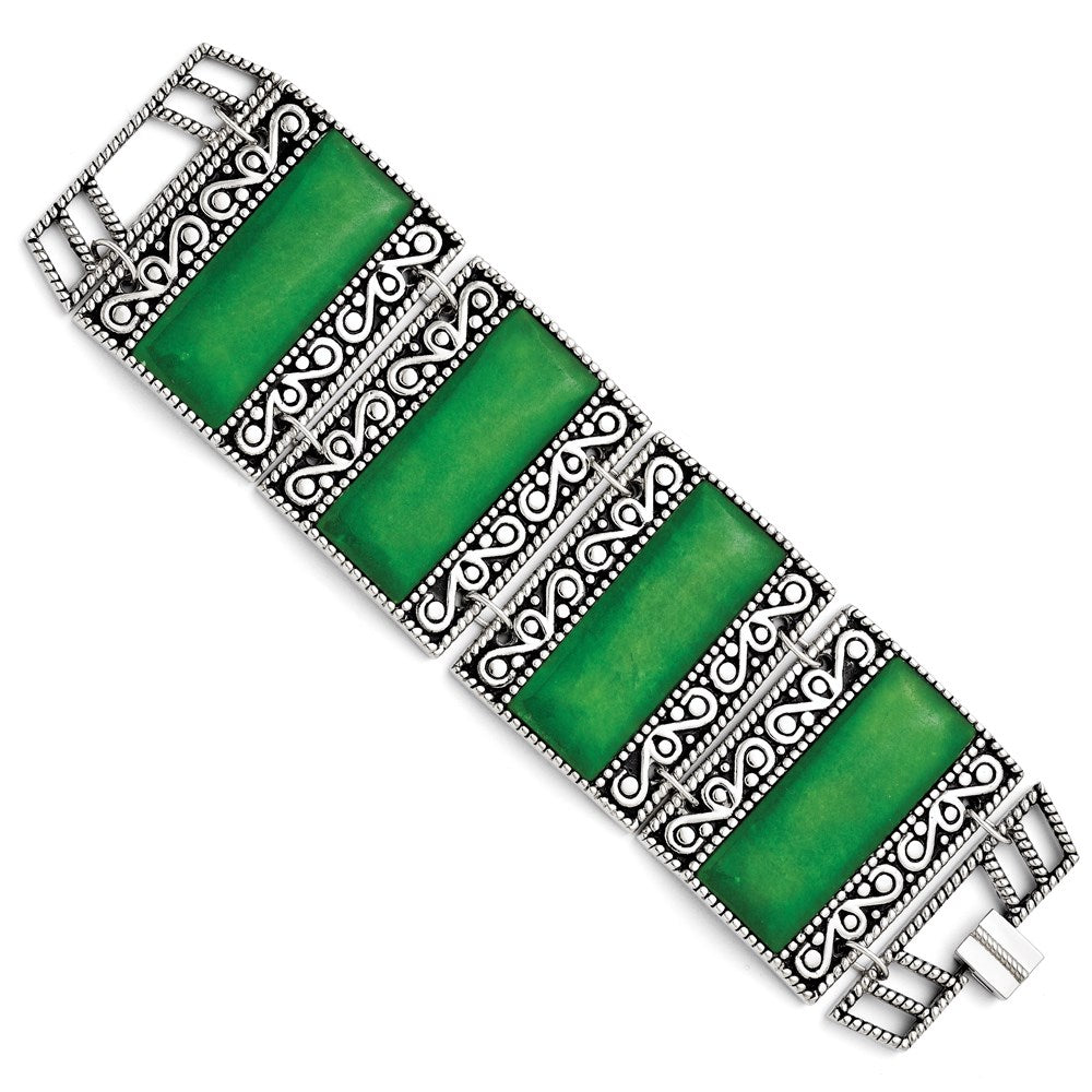Stainless Steel Synthetic Jade Antiqued Bracelet, 7.75 mm