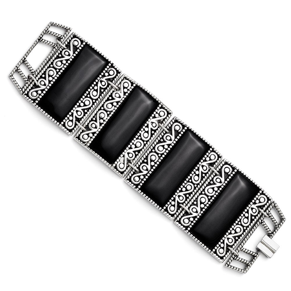 Stainless Steel Black Onyx Antiqued Bracelet, 7.75 mm
