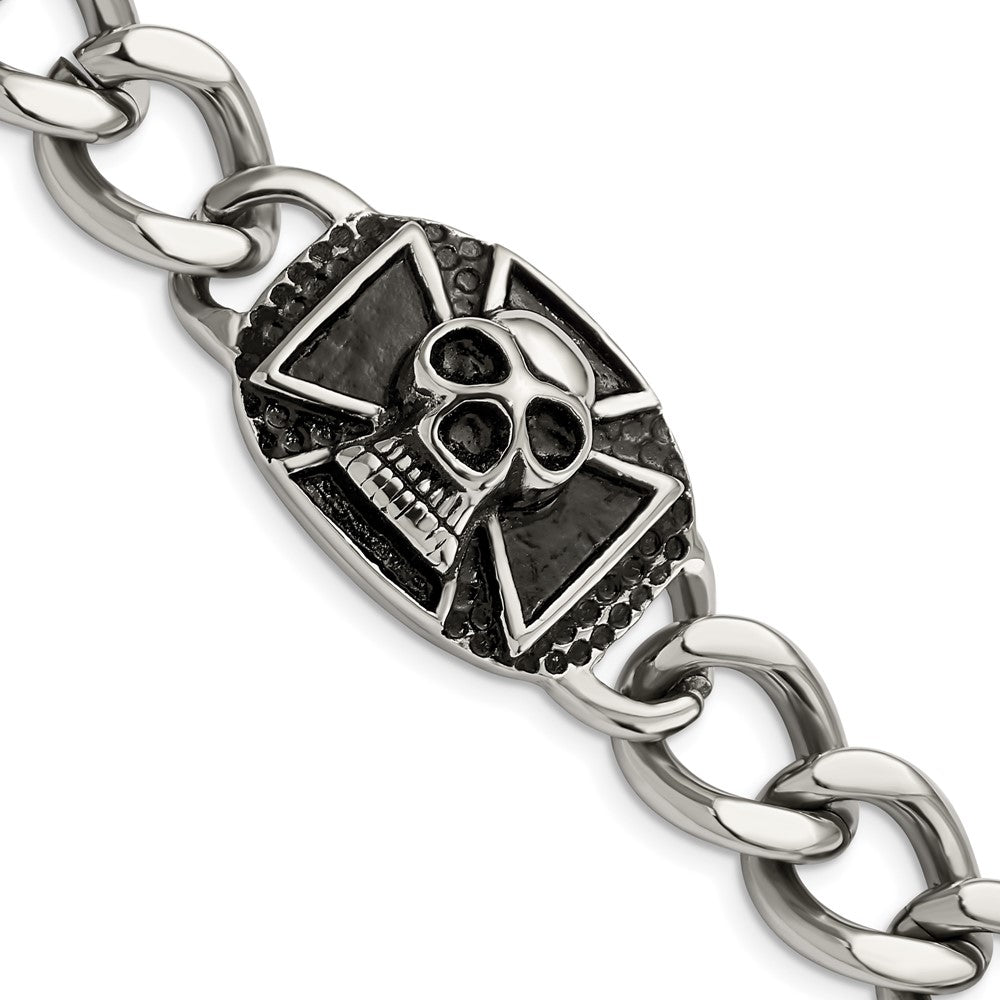Chisel Stainless Steel Antiqued and Polished Skull 9 inch Curb Bracelet, 9 x 36 mm