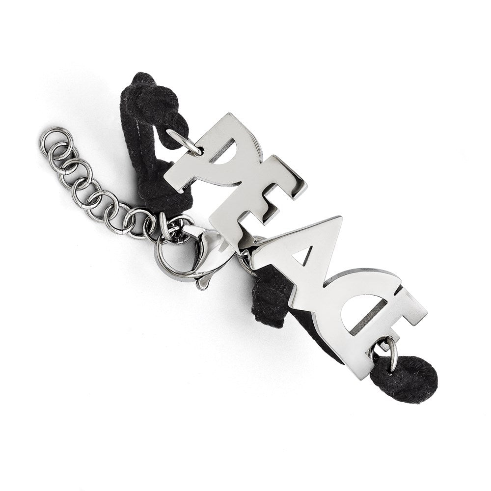 Stainless Steel Polished Peace with 1.75in ext Fabric Cord Bracelet, 7.5 mm