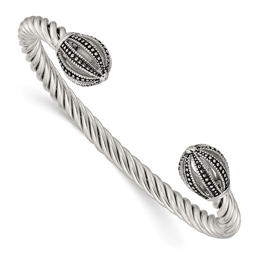 Stainless Steel Antiqued and Polished Twisted Cuff Bangle, 6 mm