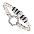 Stainless Steel Polished White Leather & Black Rubber 8.25in Bracelet, 8.25 x 7 mm