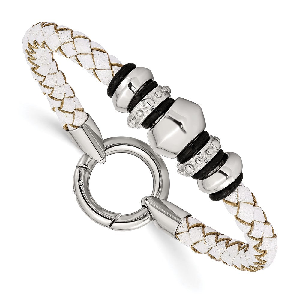 Stainless Steel Polished White Leather & Black Rubber 8.25in Bracelet, 8.25 x 7 mm
