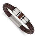 Chisel Stainless Steel Polished and Textured Brown and Metallic Color Leather with Black Rubber 8.25 inch Bracelet, 8.25 x 10 mm