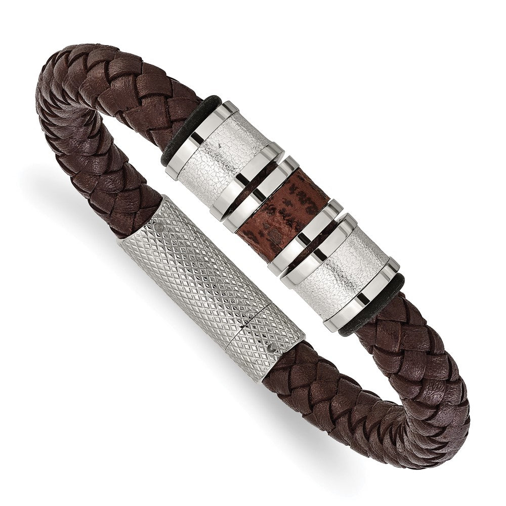 Chisel Stainless Steel Polished and Textured Brown and Metallic Color Leather with Black Rubber 8.25 inch Bracelet, 8.25 x 10 mm