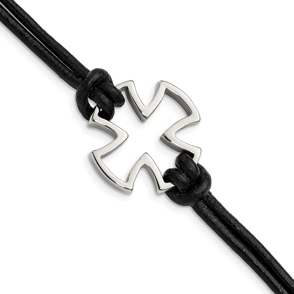 Chisel Stainless Steel Antiqued and Polished Cross Black Leather 8.25 inch Bracelet, 8.25 x 29 mm