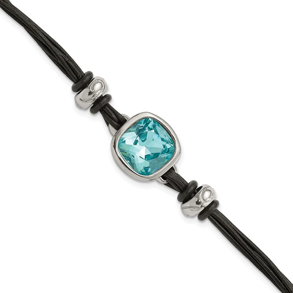 Stainless Steel Polished w/Blue Glass Leather 7in w/1in ext Bracelet, 7 x 15 mm