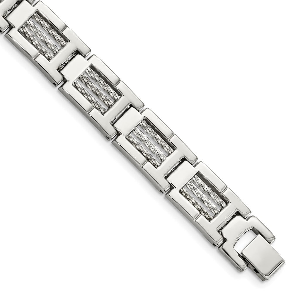 Chisel Stainless Steel Brushed and Polished with Cable Inlacy 8.5 inch Link Bracelet, 8.5 x 11 mm