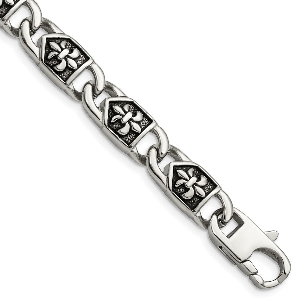 Chisel Stainless Steel Antiqued and Polished Fleur de Lis 8.75 inch Link Bracelet, 8.75 mm