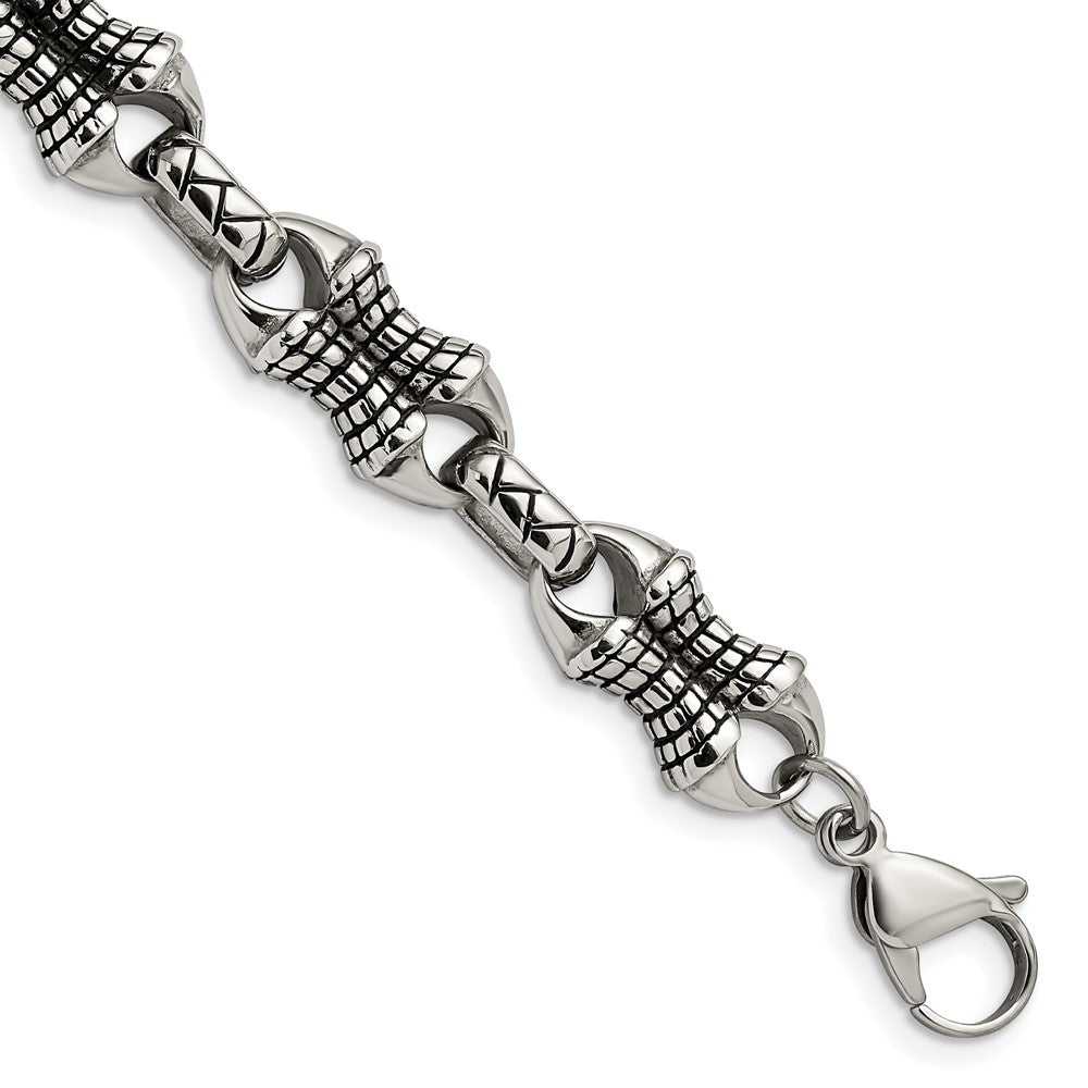 Chisel Stainless Steel Antiqued and Polished 8.75 inch Patterned Link Bracelet, 8.75 x 13 mm