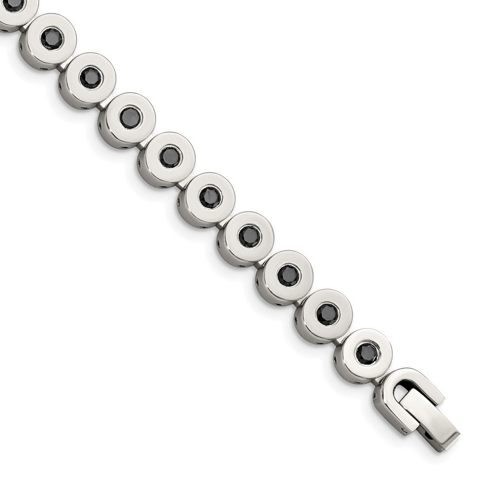 Stainless Steel Polished w/Black CZ 7.5in Bracelet, 7.5 mm