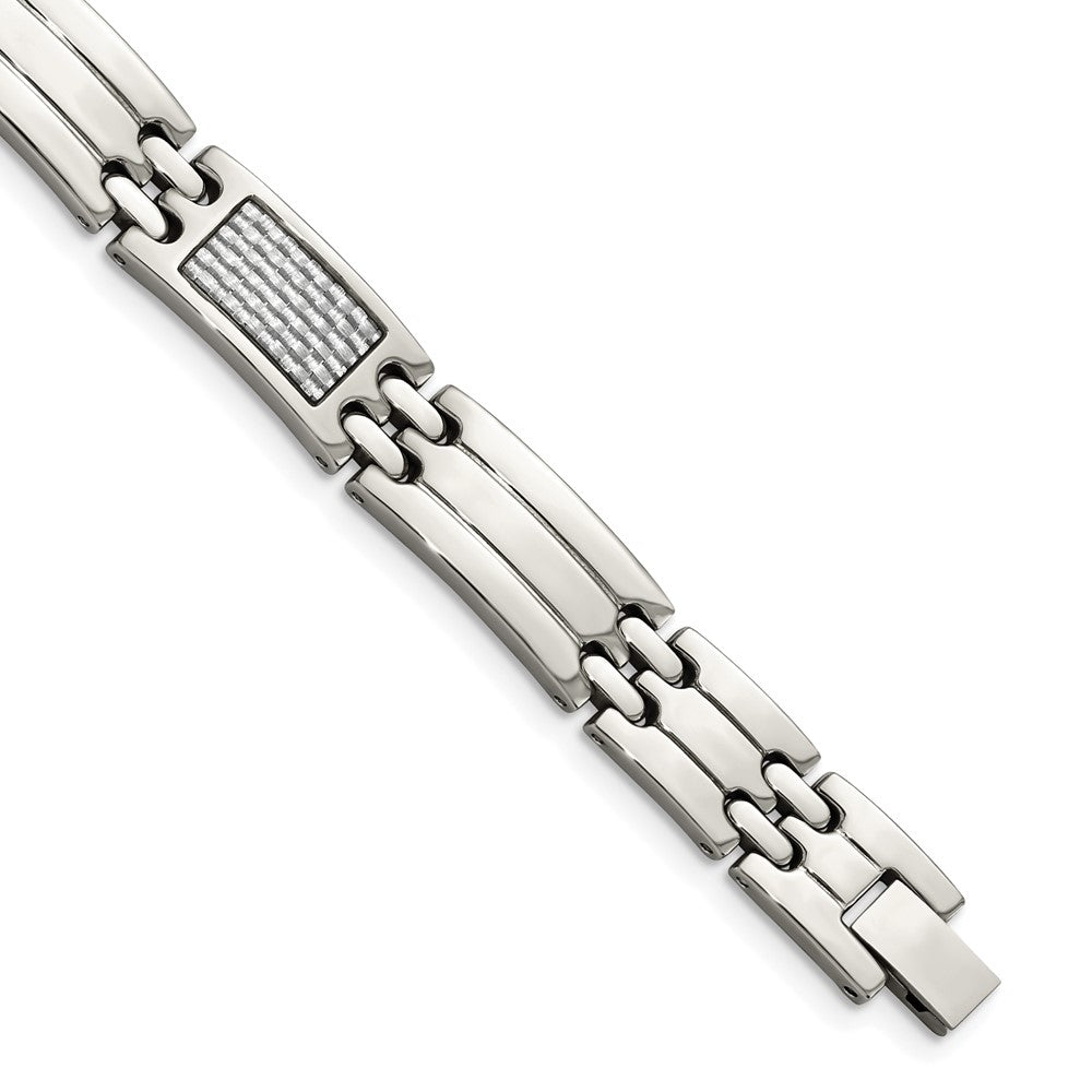 Chisel Stainless Steel Polished with Grey Carbon Fiber Inlay 8.5 inch Link Bracelet, 8.5 x 10 mm