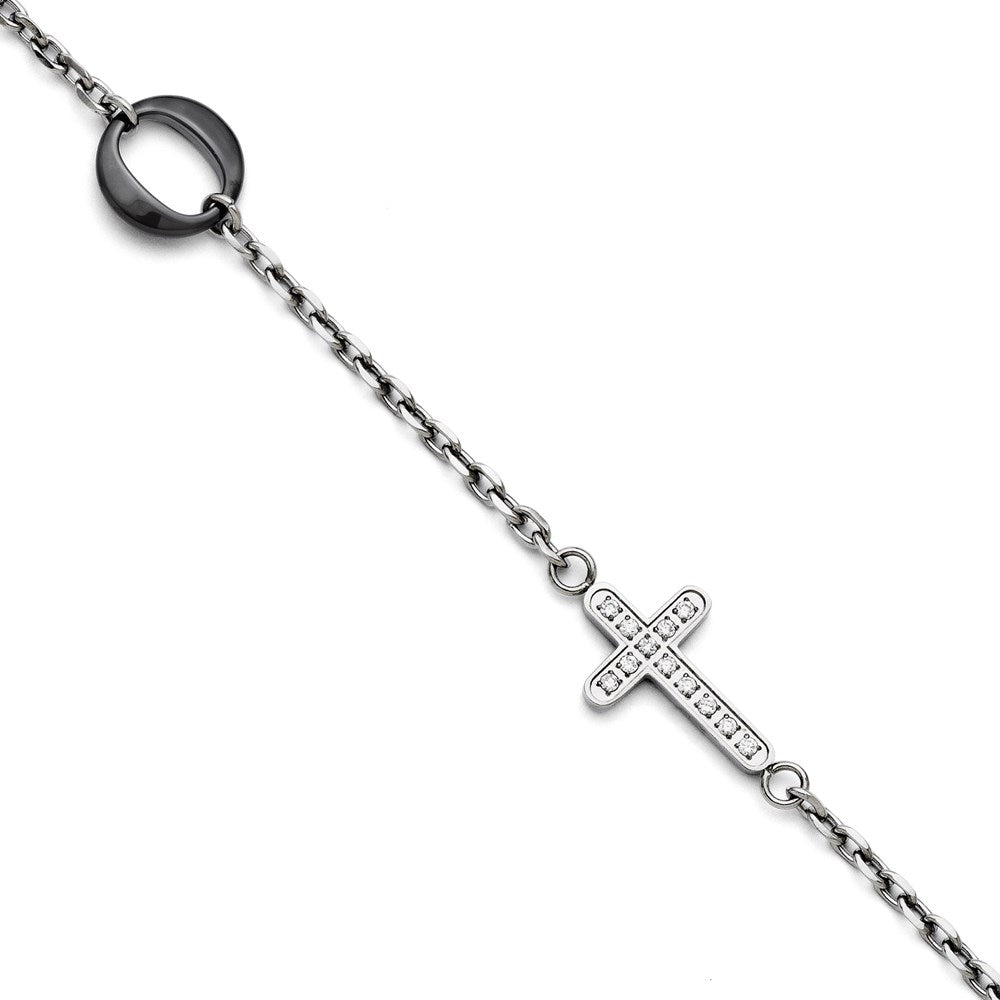 Stainless Steel and Ceramic Polished Sideways Cross CZ Bracelet, 7.25 mm
