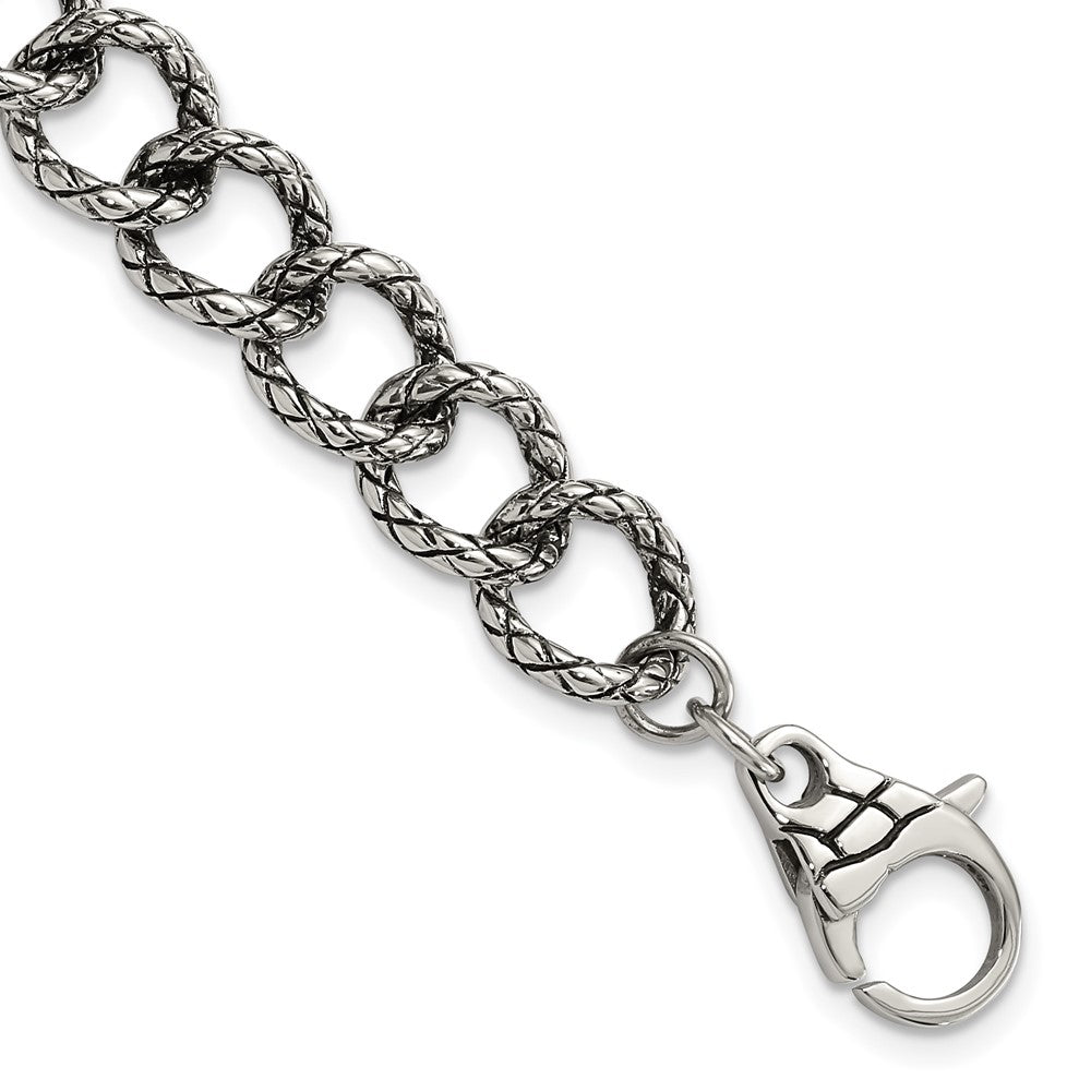 Stainless Steel Polished & Antiqued Textured Link Bracelet, 9 x 12 mm