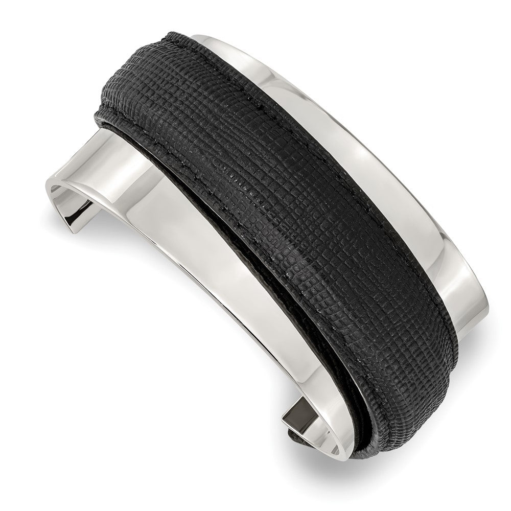 Stainless Steel Polished with Leather Cuff Bangle, 39 mm